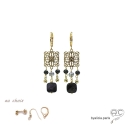 Boucles d\'oreilles carré arabesque avec pampilles en pierre naturelle noire, plaqué or, pendantes, fait main, création by Alicia