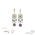 Boucles d\'oreilles rubis et carré arabesque en plaqué or avec pampilles, pendantes, fait main, création by Alicia