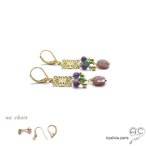 Boucles d'oreilles rubis et carré arabesque, plaqué or, pendantes, fait main, création by Alicia