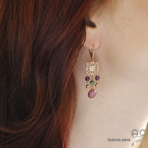 Boucles d'oreilles rubis et carré arabesque, plaqué or, pendantes, fait main, création by Alicia