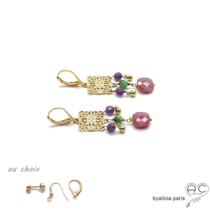 Boucles d'oreilles rubis et carré arabesque en plaqué or avec pampilles, pendantes, fait main, création by Alicia