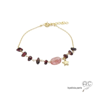 Bracelet strawberry quartz, grenat et pampille étoile sur une chaîne fine en plaqué or, fait main, création by Alicia