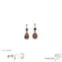 Boucles d\'oreilles avec strawberry quartz goutte et grenat, plaqué or, fait main, création by Alicia