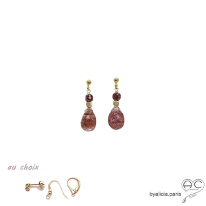 Boucles d'oreilles avec strawberry quartz goutte et grenat, plaqué or, fait main, création by Alicia
