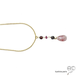 ras de cou cravate pierre naturelle rose rouge collier femme plaqué or strawberry quartz fait sur mesure