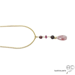 collier ras de cou cravate plaqué or et pierre rose pendentif strawberry quartz et grenat fait sur mesure à l'atelier en France