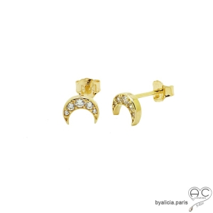 Puces d'oreilles croissant de lune, boucles d'oreilles en zirconium et plaqué or 3MIC, clous, femme 