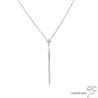 Collier fin cravate avec pendentif longue, brillant en zirconium et argent massif rhodié, femme