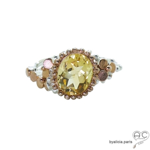 Bague CITRINE en argent 925 doré à l'or rose, création fait main, unique, exceptionnelle 