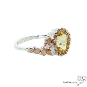 Bague CITRINE en argent 925 doré à l'or rose, création fait main, unique, exceptionnelle 