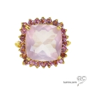 Bague QUARTZ ROSE carré et tourmaline en argent doré à l\'or fin 18K, création fait main, unique