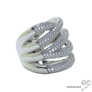 Bague large, anneaux croisée en argent massif rhodié et zirconium brillant, joaillerie