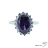 Bague avec zirconium violet ovale et argent massif rhodié, femme