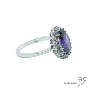 Bague avec zirconium violet ovale et argent massif rhodié, femme