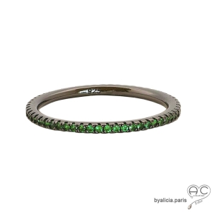 Bague, anneau fin, alliance en zirconium vert et argent massif noir, femme