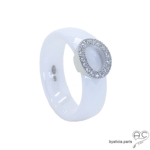 Bague anneau céramique blanche, argent massif rhodié et zirconium brillant