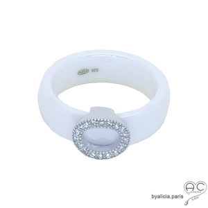 Bague anneau céramique blanche, argent 925 rhodié et zirconium brillant