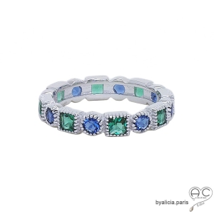 Bague anneau argent massif rhodié avec zirconium bleu saphir et vert émeraude
