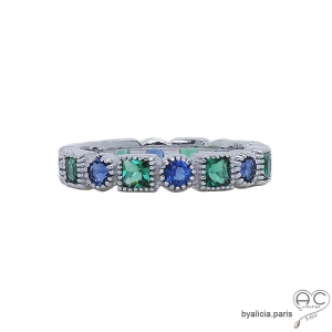 Bague anneau argent massif rhodié avec zirconium bleu saphir et vert émeraude