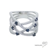 Bague multiples anneaux croisés en argent massif rhodié, zirconium blanc et bleu, joaillerie, femme
