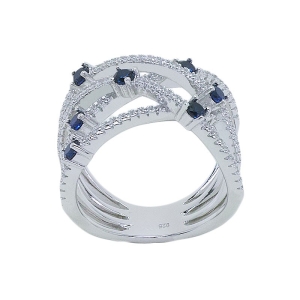 Bague multiples anneaux croisés en argent massif rhodié, zirconium blanc et bleu, joaillerie, femme