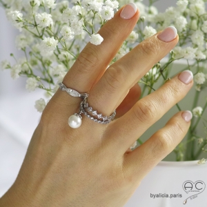 Bague pampille en perle nacrée anneau argent massif serti de zirconium brillant tours complets