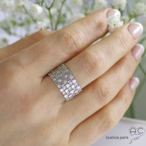 Bague anneau large serti de zirconium brillant blanc tour complet en argent 925 rhodié, femme