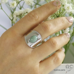 Bague ethnique pierre naturelle verte, aventurine en cabochon sertie sur un anneau en argent 925 rhodié, femme, bohème 