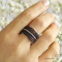 Bague plume, anneau large serti de zirconium noir, en argent 925 rhodié, femme