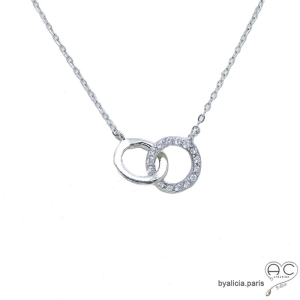 Collier deux anneaux entrelacés en argent massif rhodie et zirconium brillant, femme