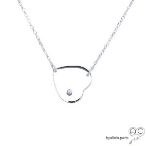 Collier avec coeur en argent 925 rhodié serti de zirconium brillant, ras de cou, femme