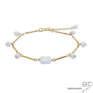 Bracelet fin agate blanche, pampilles, chaîne barrette plaqué or, pierre semi-précieuse, fait main