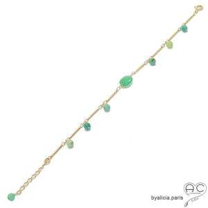 Bracelet fin chrysoprase, pampilles agate verte, chaîne barrette plaqué or, pierre semi-précieuse, fait main