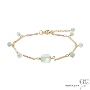 Bracelet fin améthyste verte, pampilles jade, chaîne barrette plaqué or, pierre semi-précieuse, fait main