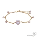 Bracelet fin perles de culture d'eau douce rose, pampilles, chaîne barrette plaqué or, fait main