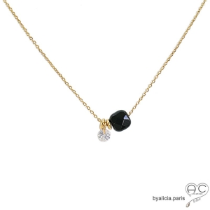 Collier onyx noire et petit brillant en cristal sur une chaîne en plaqué or, fait main, création by Alicia