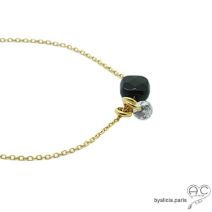 Collier onyx noire et petit brillant en cristal sur une chaîne en plaqué or, fait main, création by Alicia