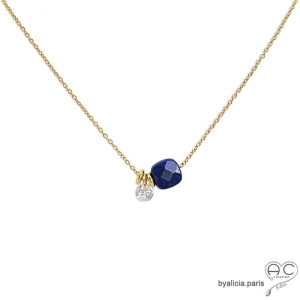 Collier lapis lazuli ras de cou pierre naturelle et petit brillant en cristal sur une chaîne en plaqué or, création by Alicia