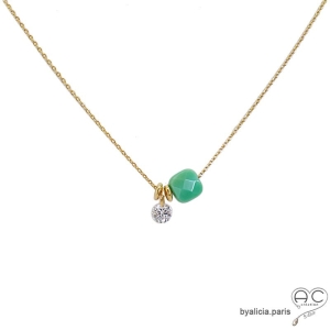 Collier fin amgate verte et petit brillant en cristal sur une chaîne en plaqué or, fait main, création by Alicia