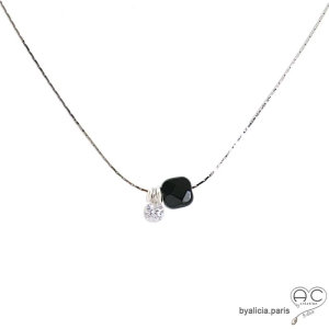 Collier fin onyx noire et petit brillant en cristal sur une chaîne en argent massif rhodié, fait main, création by Alicia