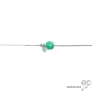 Collier fin amgate verte et petit brillant en cristal sur une chaîne en argent massif rhodié, fait main, création by Alicia