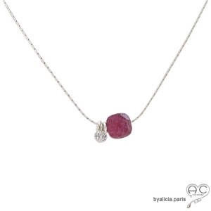 Collier fin rubis et petit brillant en cristal sur une chaîne en argent massif rhodié, fait main, création by Alicia