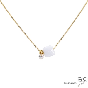 Collier fin agate blanche et petit brillant en cristal sur une chaîne en plaqué or, fait main, création by Alicia