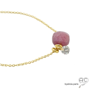 Collier fin rubis et petit brillant en cristal sur une chaîne en plaqué or, fait main, création by Alicia