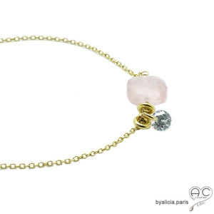 Collier fin quartz rose et petit brillant en cristal sur une chaîne en plaqué or, fait main, création by Alicia