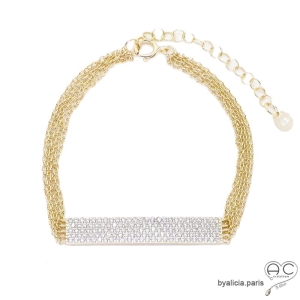 Bracelet joaillerie avec plaquette sertie de zirconium brillant, chaînettes multiples, argent 925 doré à l'or fin, femme