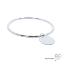 Bracelet jonc avec médaille ronde en argent massif, femme
