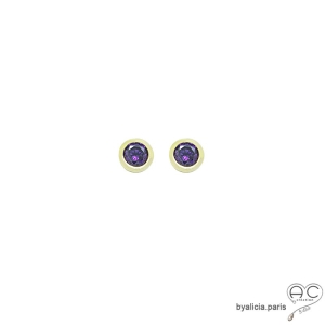 Puces d'oreilles violettes, rondes, brillantes, petites boucles d'oreilles en zirconium et plaqué or, clous, femme 