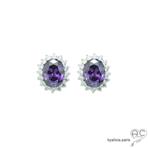 Boucles d'oreilles ovales, zirconium violet et brillant, argent massif rhodié, femme, classiques