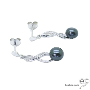 Boucles d'oreilles pendante avec perles grises et zirconium brillant, argent massif rhodié, femme